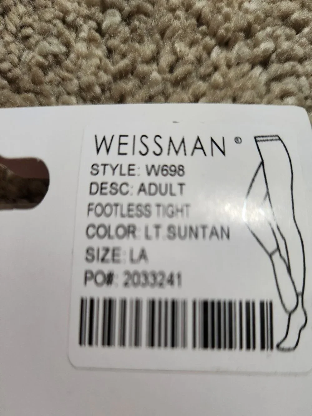 Weissman Footless Dance Tights Style W698 Lt. Suntan Size LA NIB
